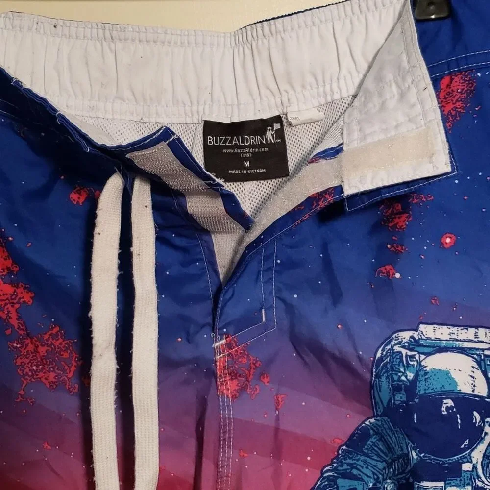 Buzz Aldrin Men's Blue Swimming Trunks, NASA Astronaut Detail, Size Medium